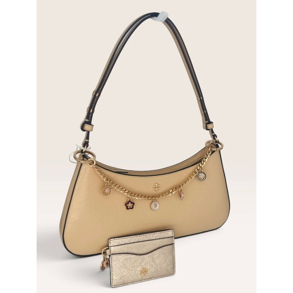 $630 Tory Burch Shoulder Charm Bag + Gold Charm Card Holder Matching Set